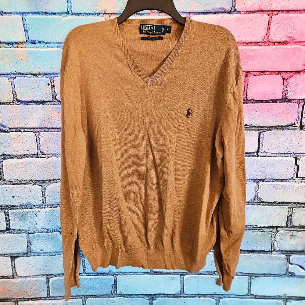 Like-New! Polo By Ralph Lauren Men's Dark Tan Stretchy V-Neck Sweater Size XL